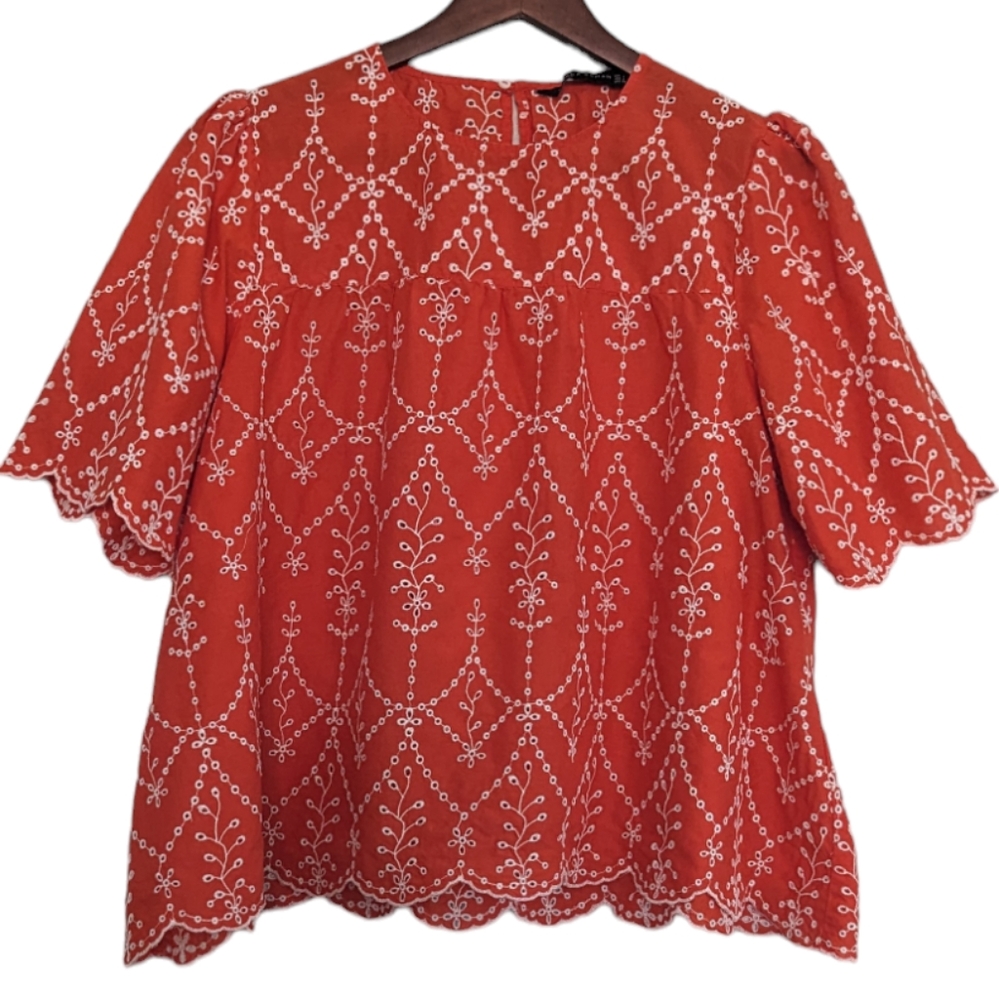 Zara Orange and White Eyelet Short sleeve Top Size Large
